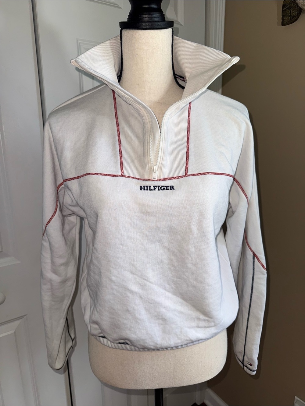 Tommy White Quarter-Zip Crop Top Pullover Sweatshirt
